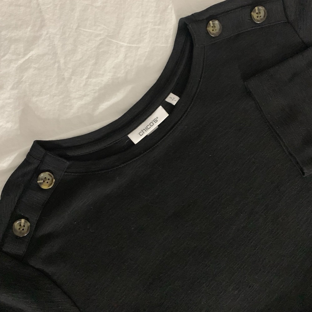 Chico's Women's Size 2 (L) Black Long Sleeve Shoulder Button Detail Tunic Shirt